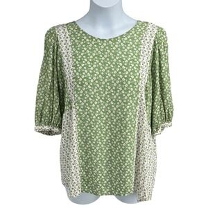 Dolan‎ Anthropologie Green Floral Colorblock Puff Sleeve Boho Blouse XL 319125FD